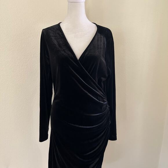 Vintage Guberry Dress Velvet SZXL Black Ruched Midi Cocktails Nightlife Holiday - Picture 4 of 12